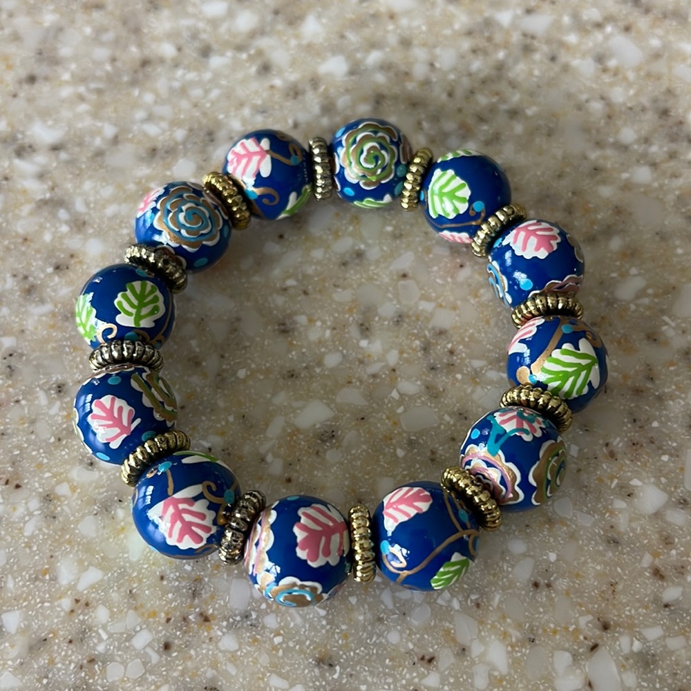 ANGELA MOORE BRACELET. Wms Blue/floral original design from Newport RI shop